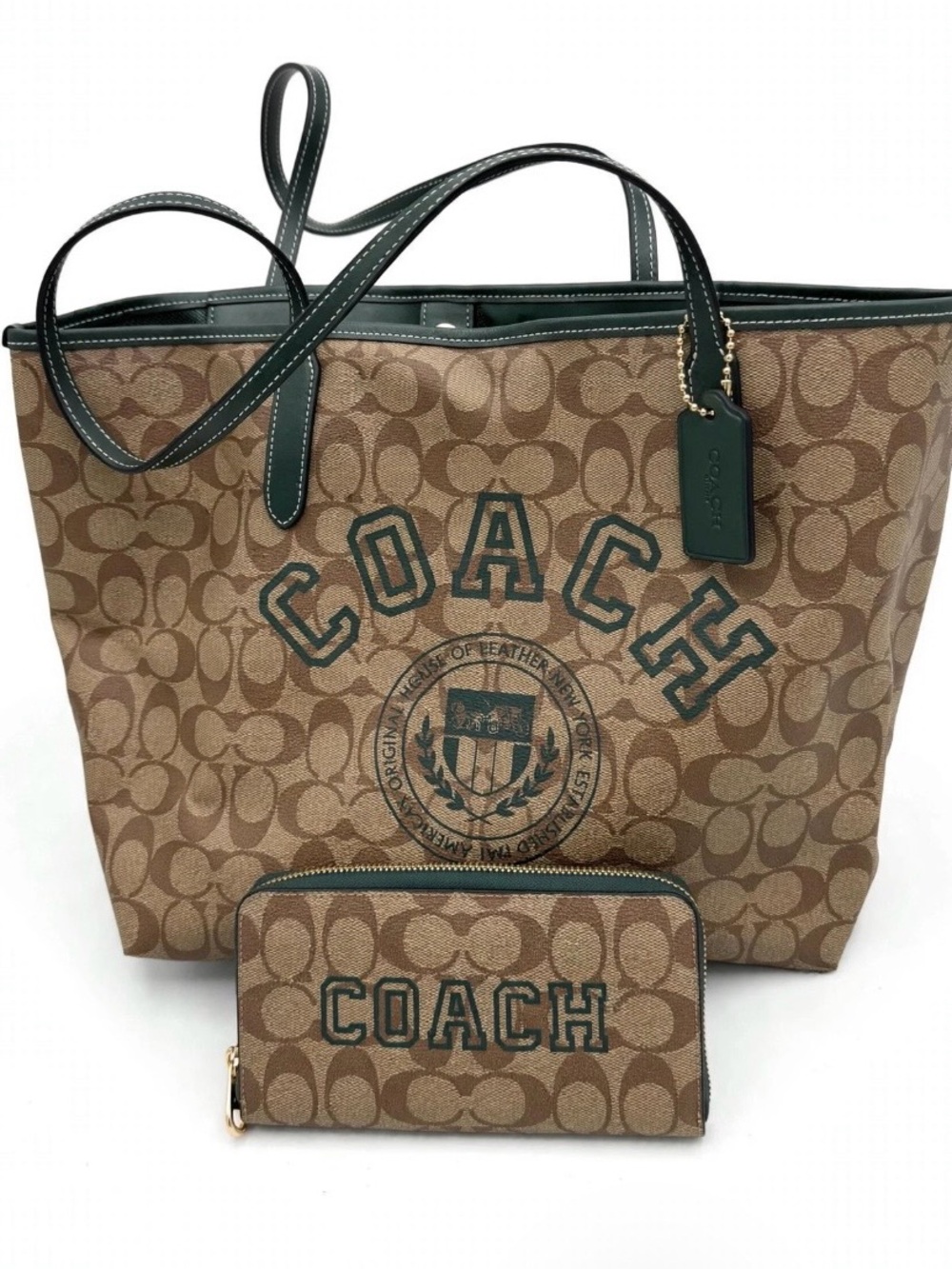 Coach Brown Signature Canvas Tote with Dark Green Trim and Matching Wallet